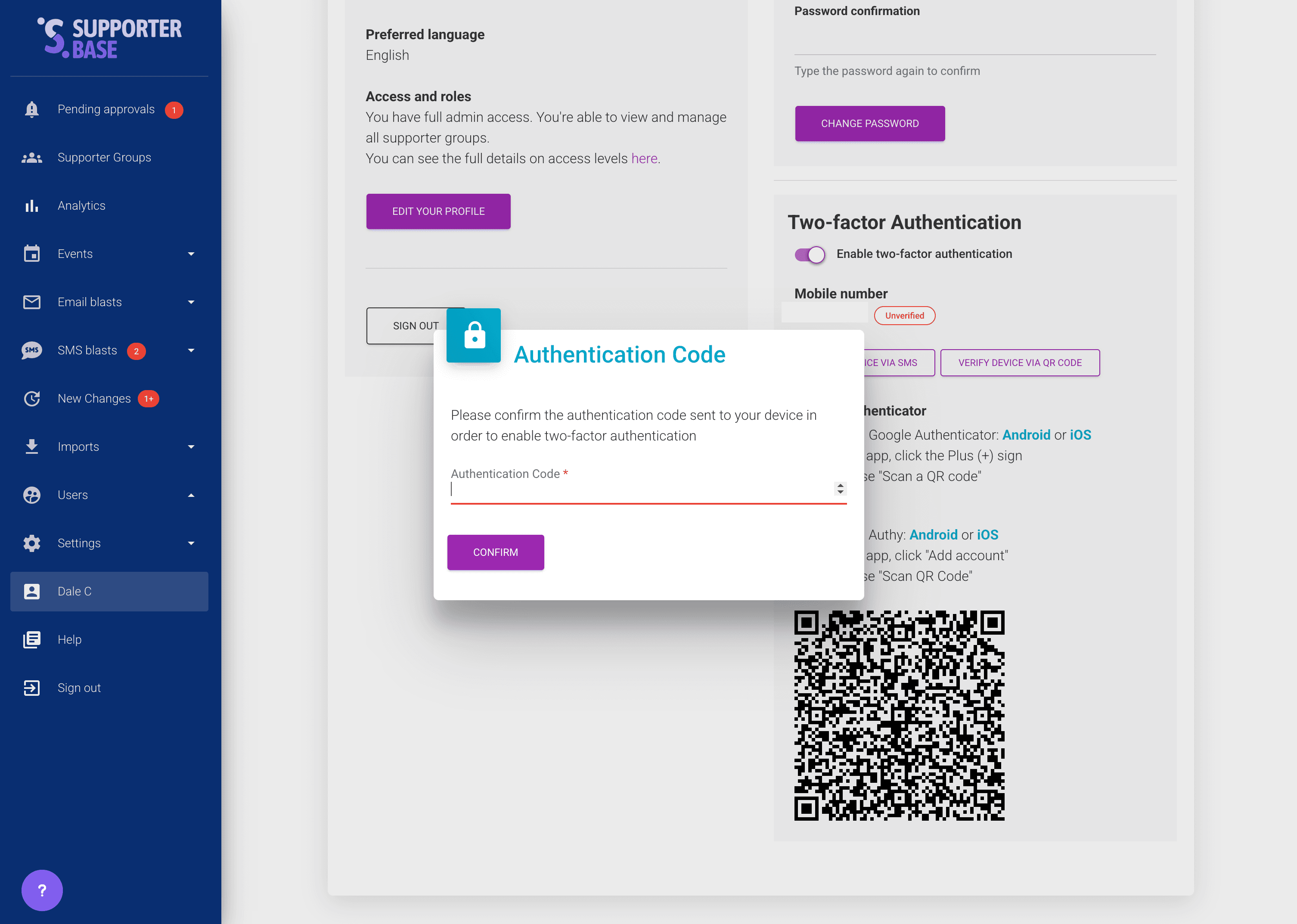 Authentication Code dialog over the account page, with the authenticator QR code visible in the background