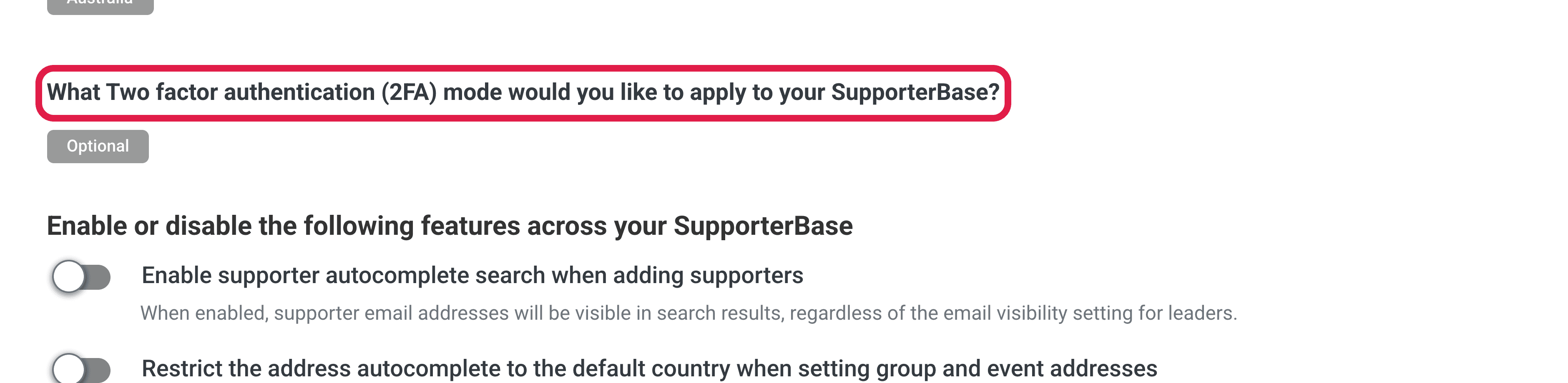 The two-factor authentication mode setting in Configurations, set to Optional with Required available