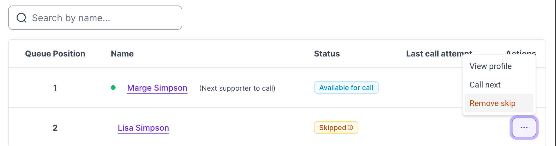 Three-dot menu on a skipped supporter's row, showing the Remove skip option