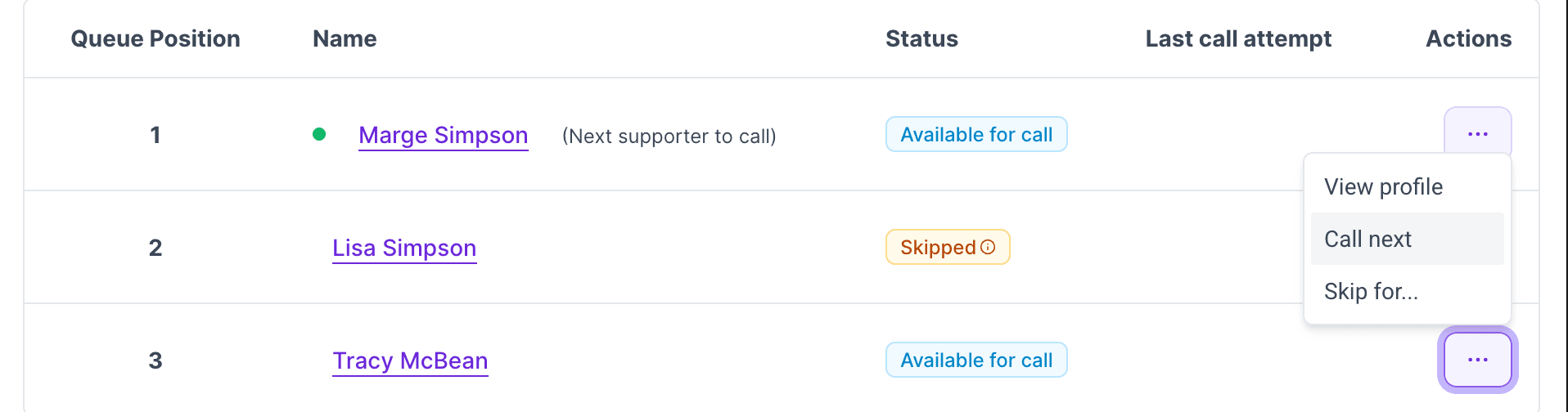 Supporter dropdown menu with the Call next option
