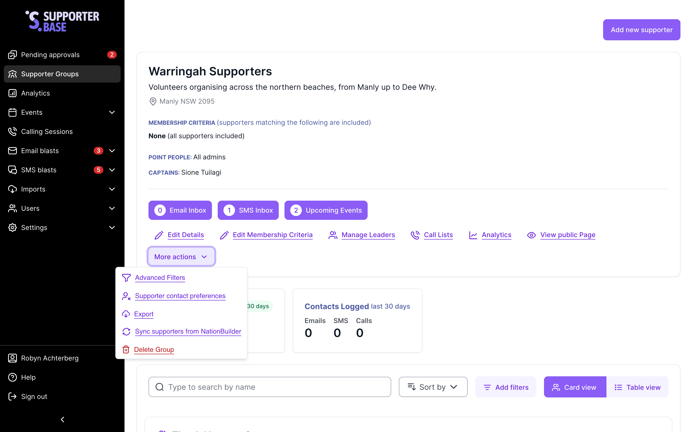 Group page with More actions open and Sync supporters from NationBuilder in the menu