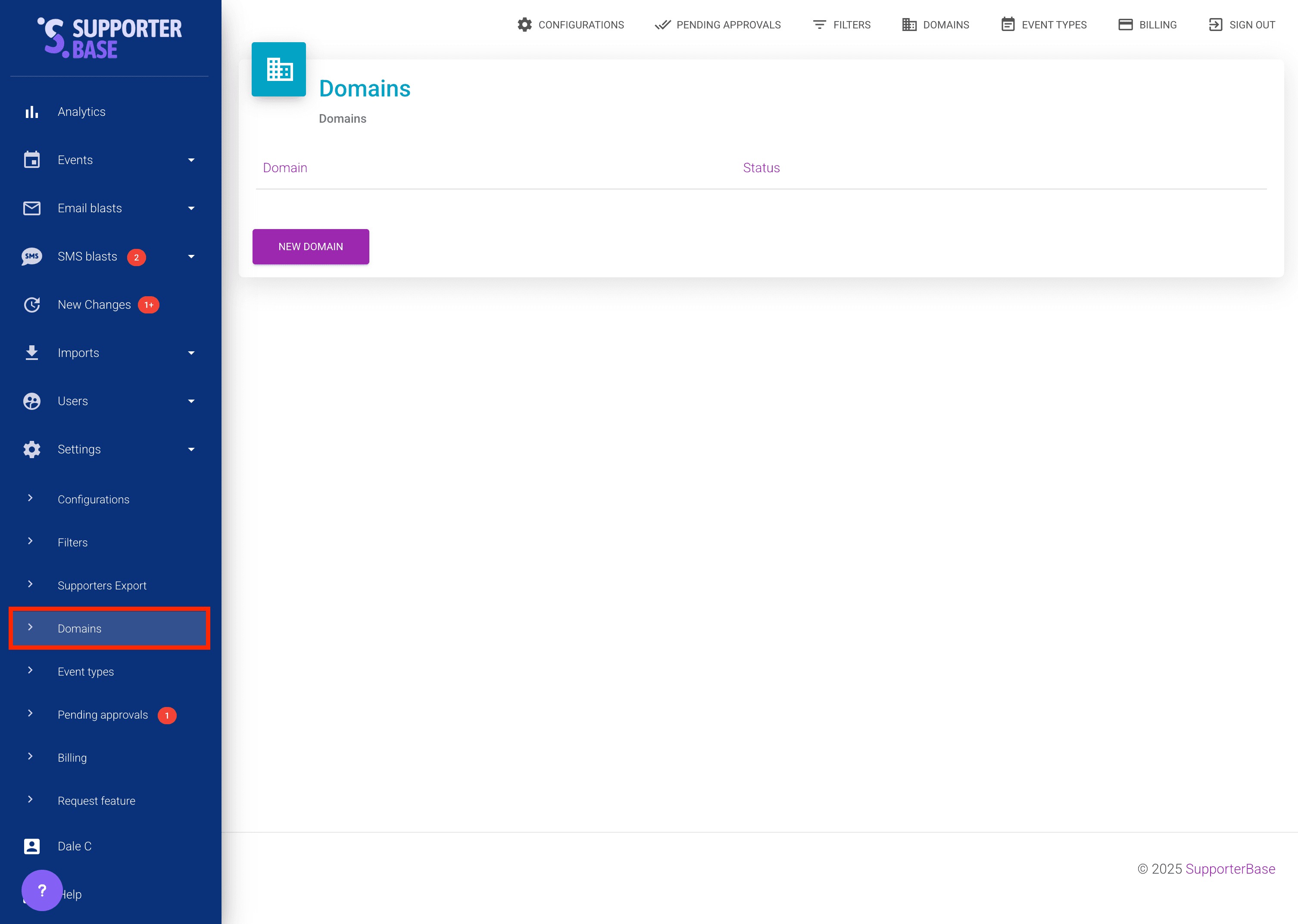 Domain configuration screen