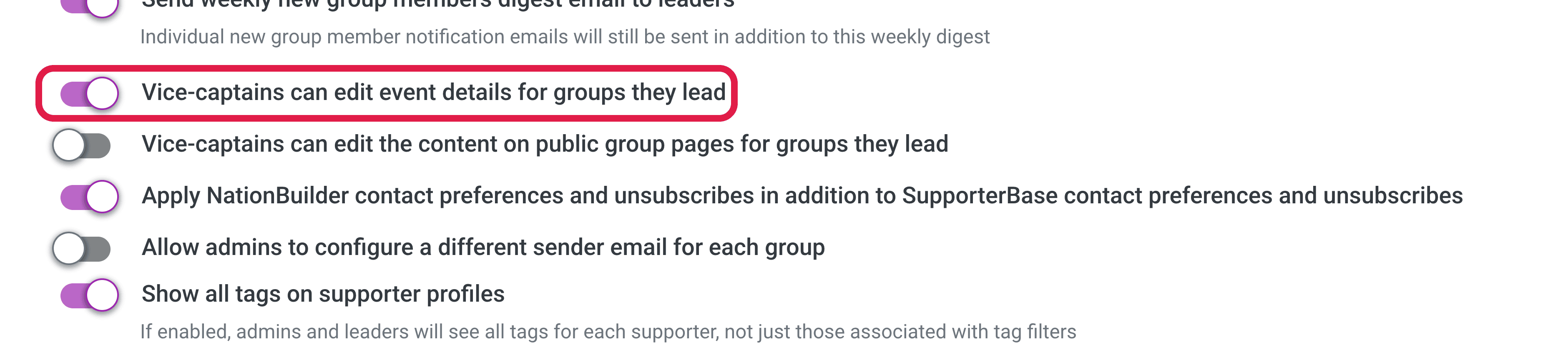 Settings > Configurations > General page with the vice-captains event-editing toggle highlighted