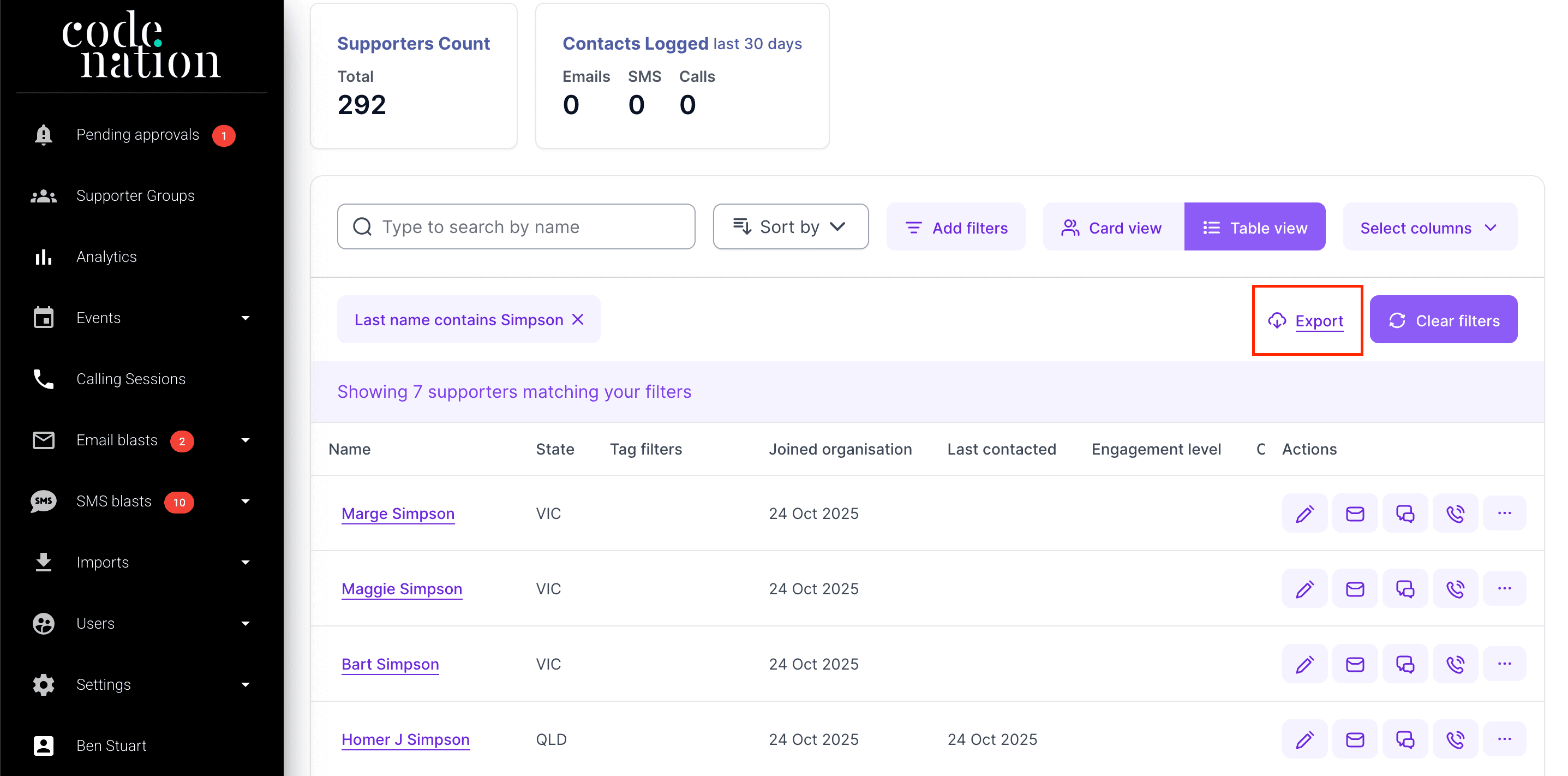 Group page with a filter applied and the Export button highlighted