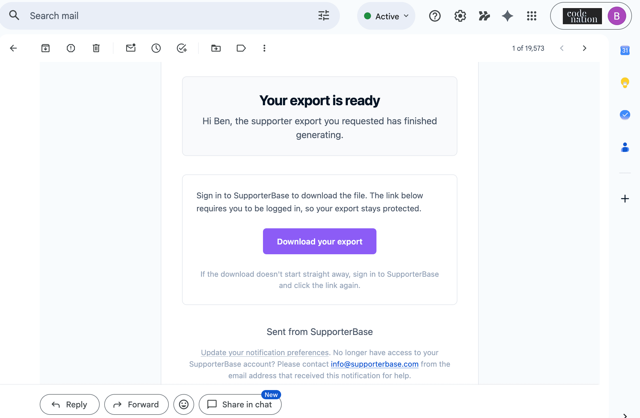 Export ready email with a Download your export button