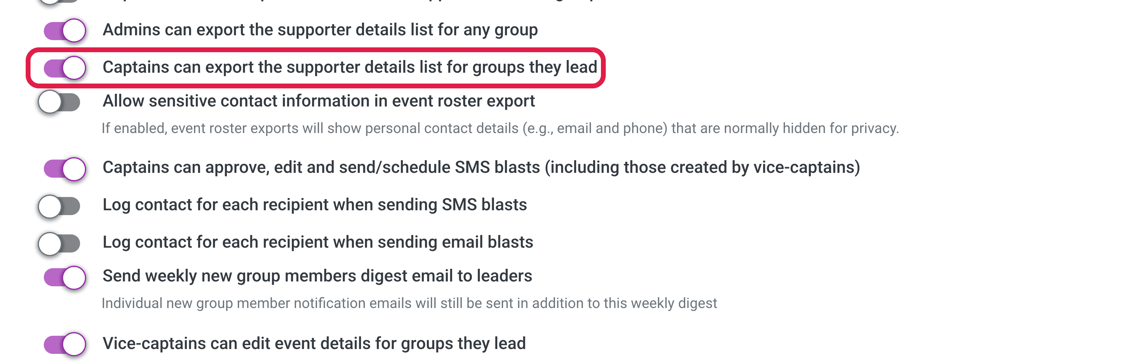 The two export permission toggles in Configurations, both switched on, above the roster contact-information toggle