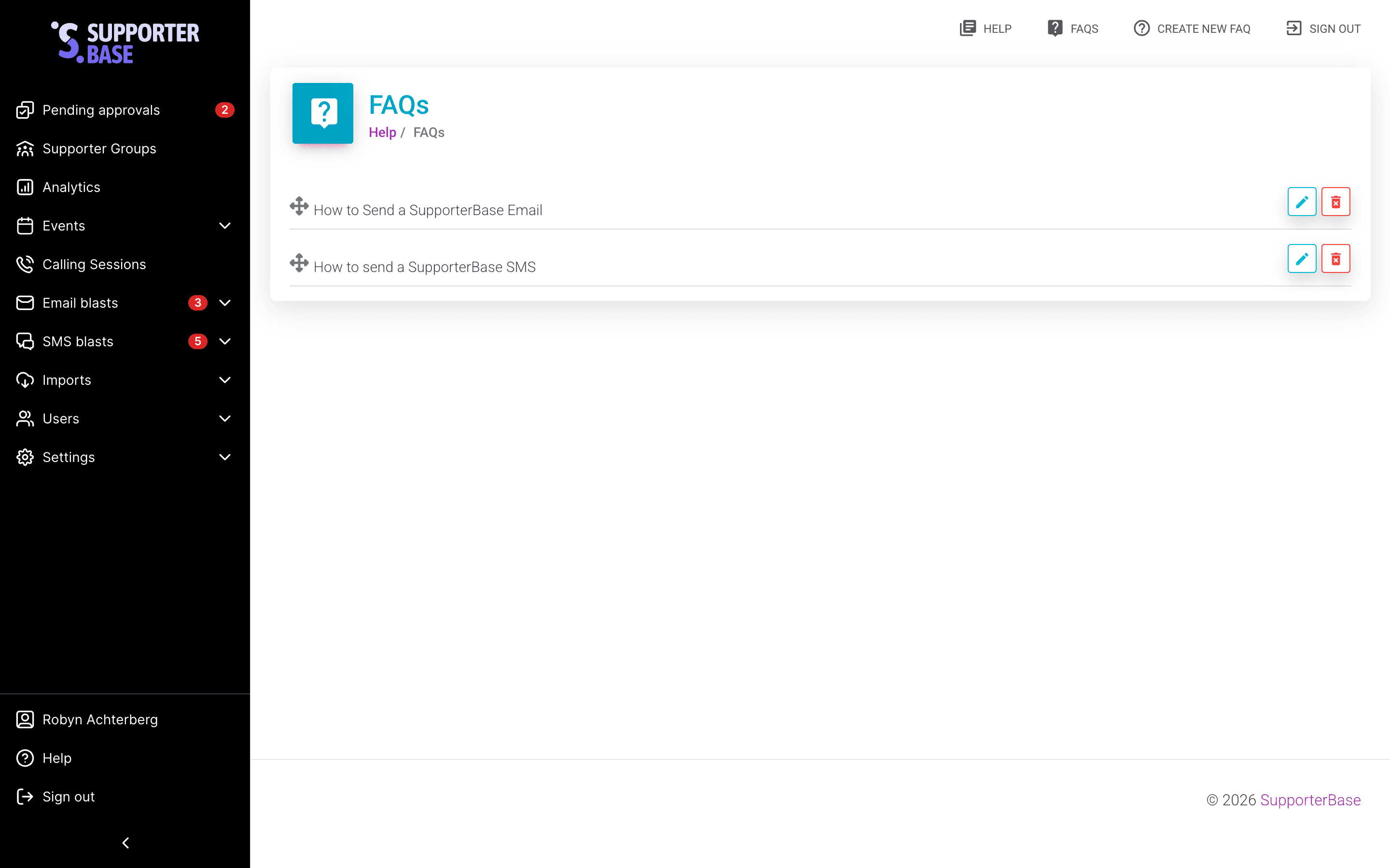 FAQs page with Create new FAQ in the top navigation