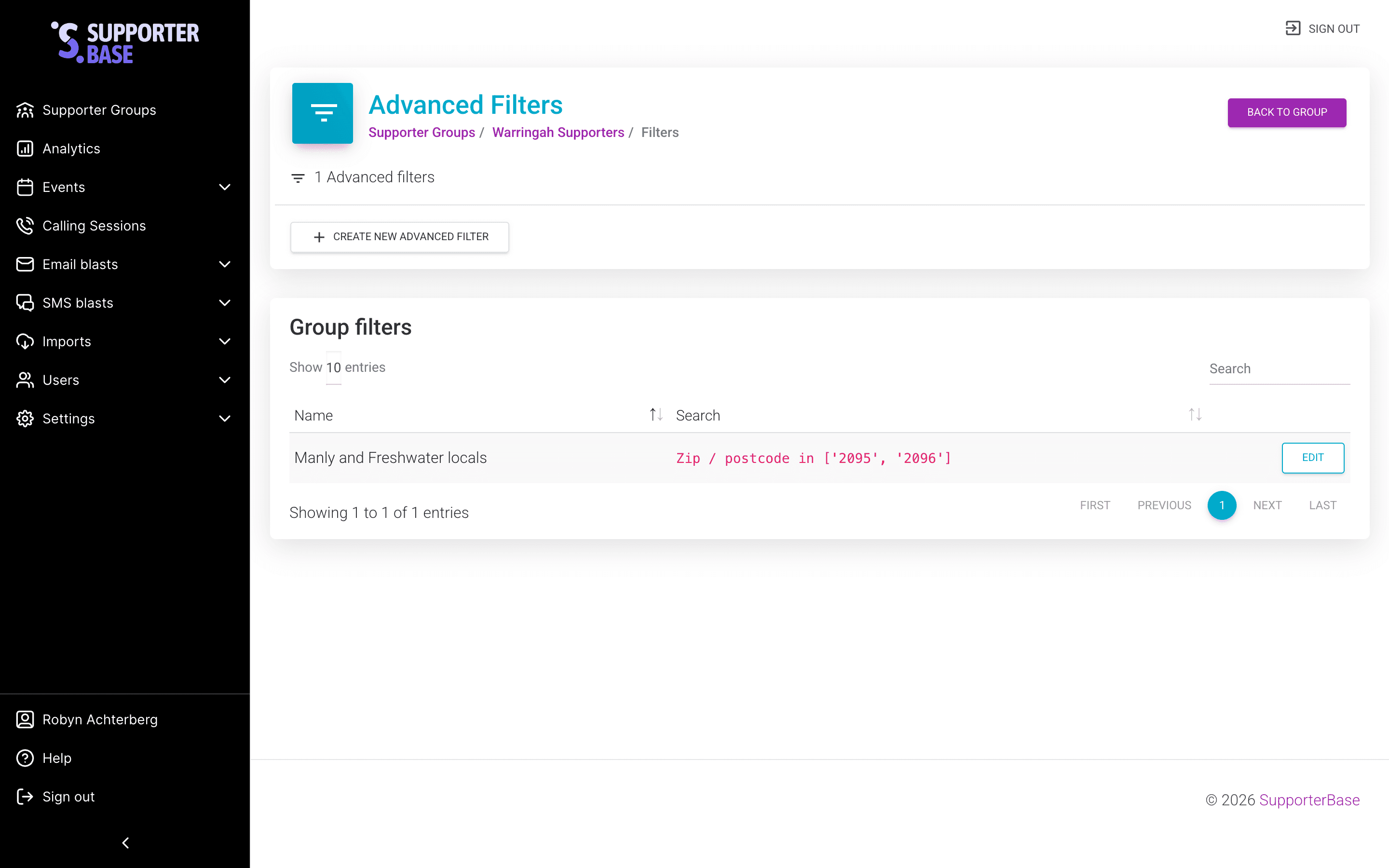 Advanced Filters page for a group, with the Edit button highlighted next to the first filter