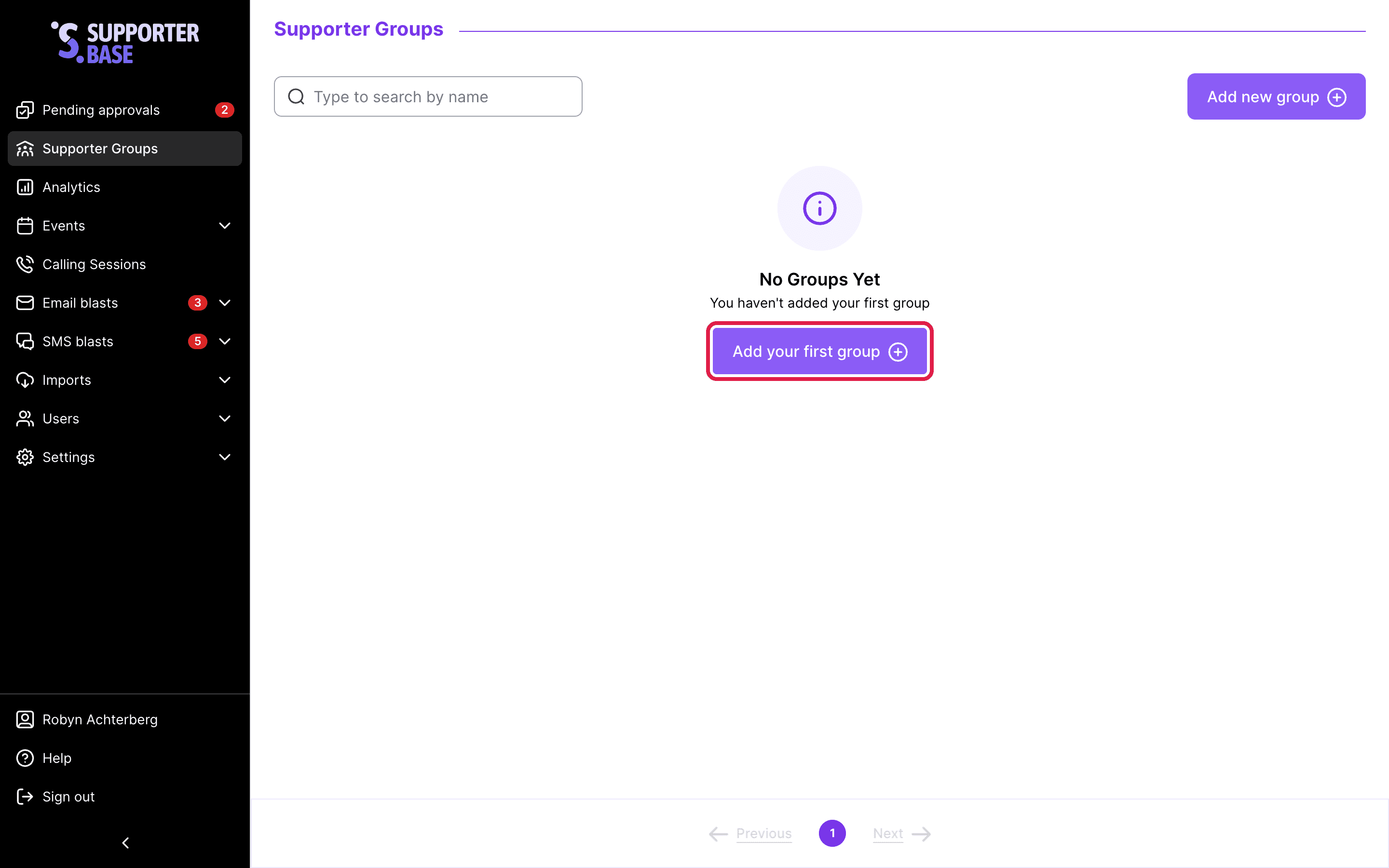 Supporter Groups page with no groups yet, showing the No Groups Yet empty state and the Add your first group button highlighted