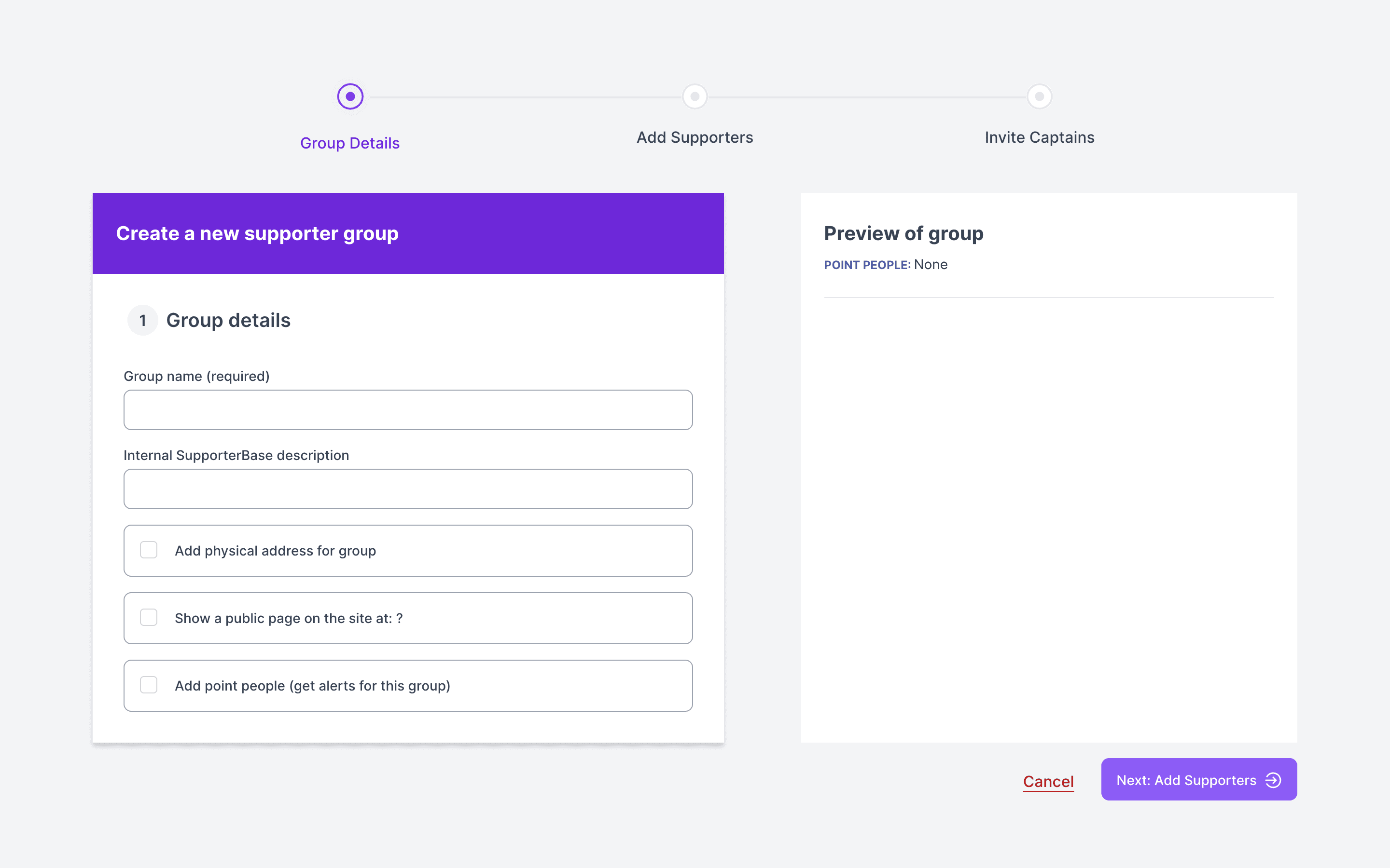 Step 1 of 3, Group Details, showing the Group name field and the description, address, public page and point people options