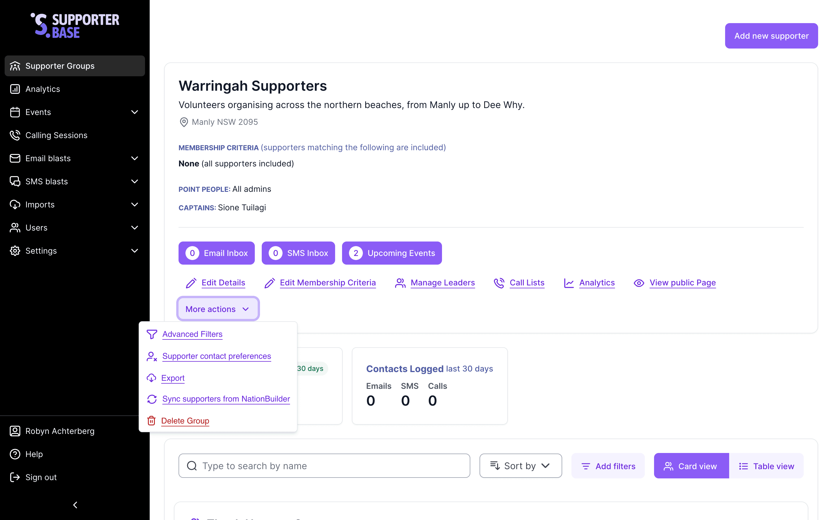 Group page with More actions open, listing Advanced Filters, Supporter contact preferences, Export, Sync supporters from NationBuilder and Delete Group