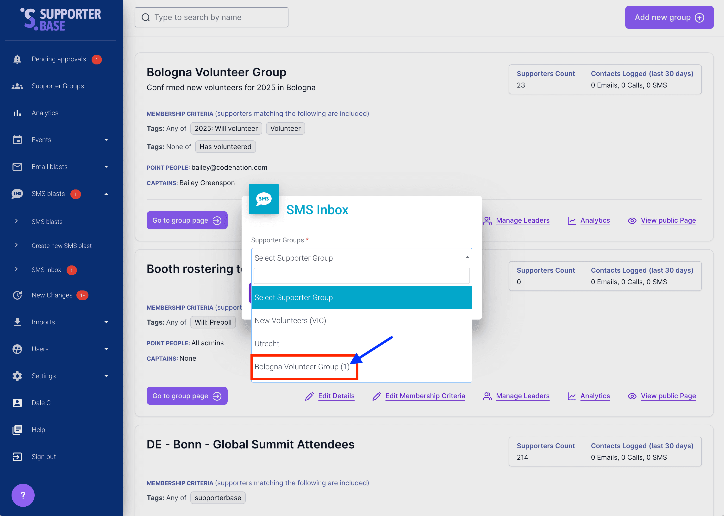 SMS Inbox setup, with the supporter group dropdown open and one group highlighted to select