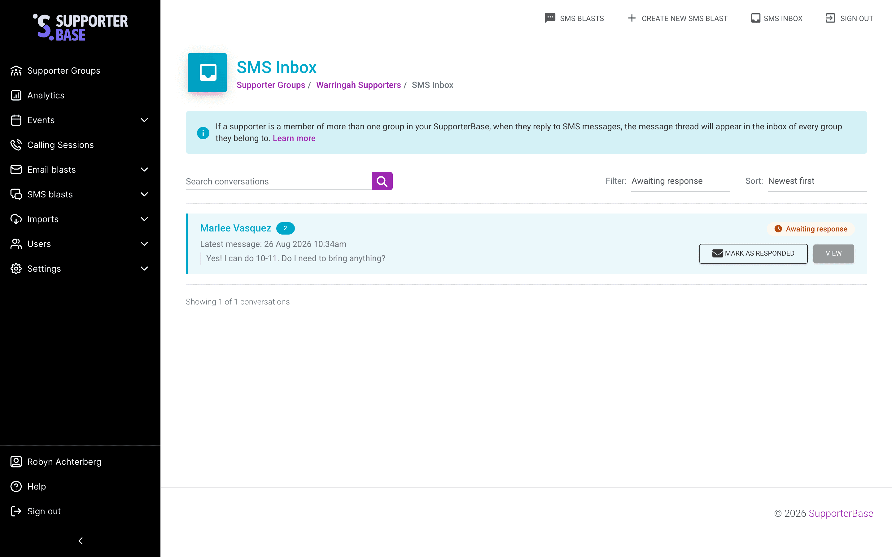 SMS Inbox thread list with the 'Filter by' control highlighted above a supporter's message thread