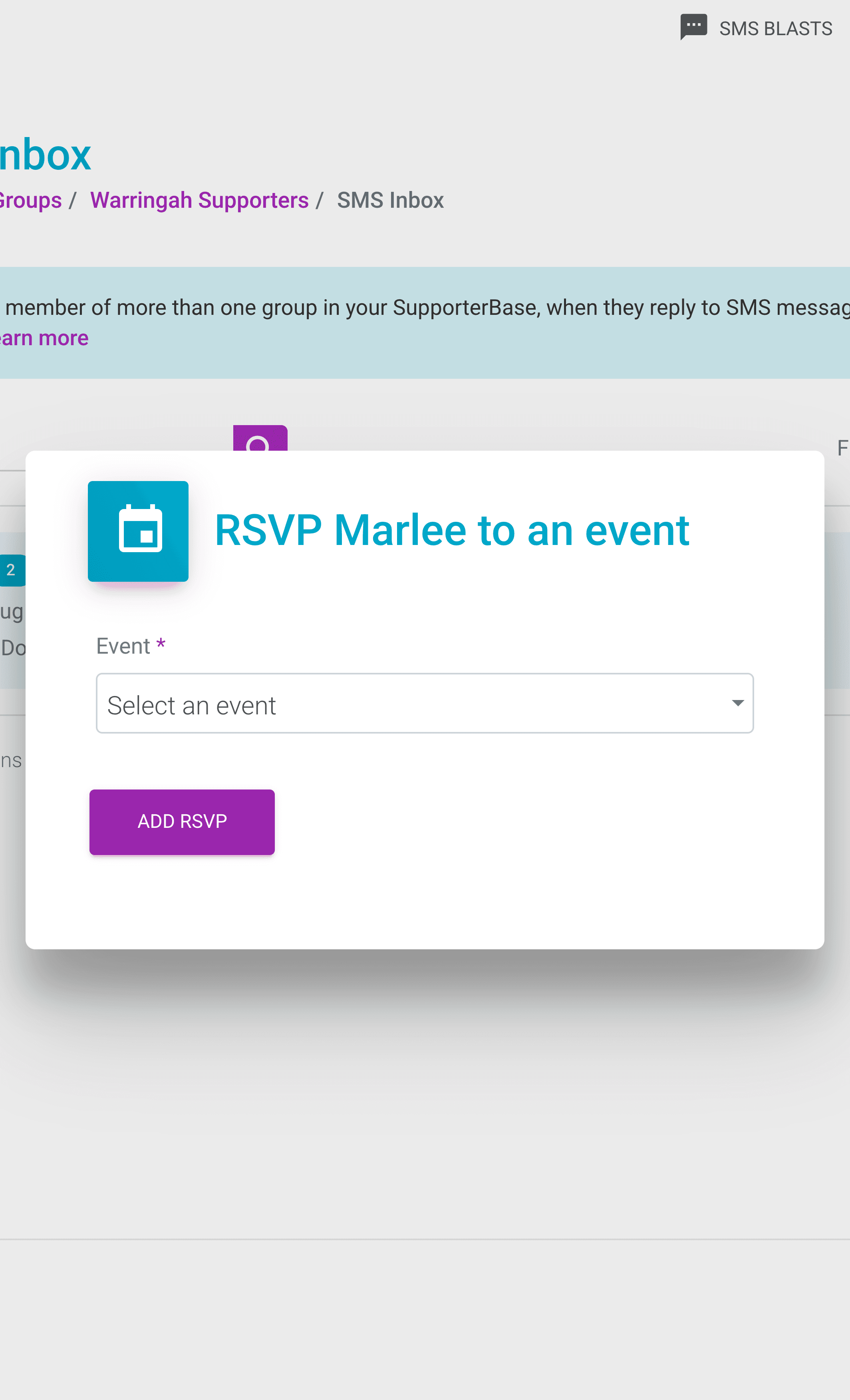 RSVP Marlee to an event dialog with the Event dropdown open, listing upcoming events