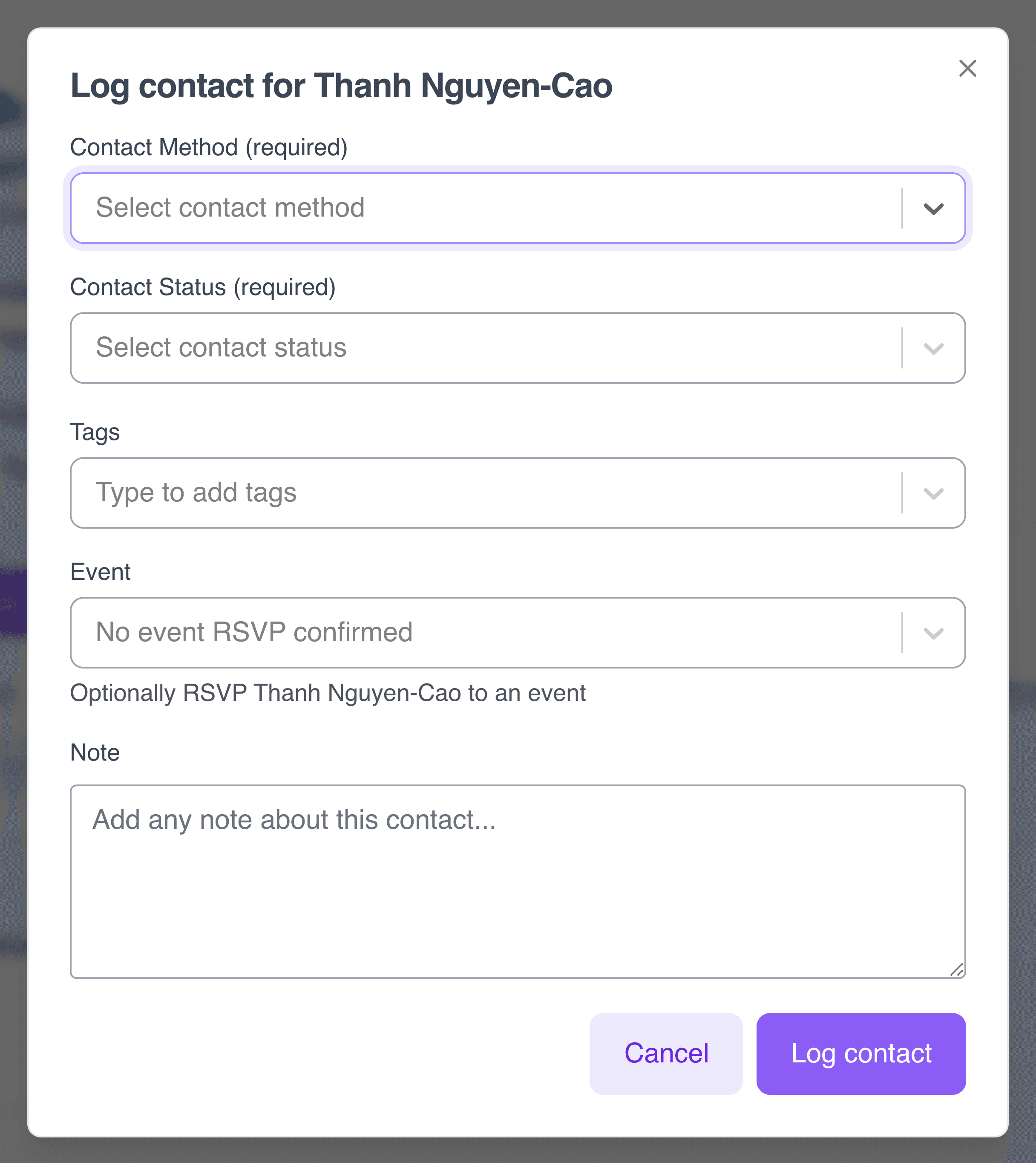 Log contact pop-up for a supporter, with empty contact method, status, tags, event and note fields