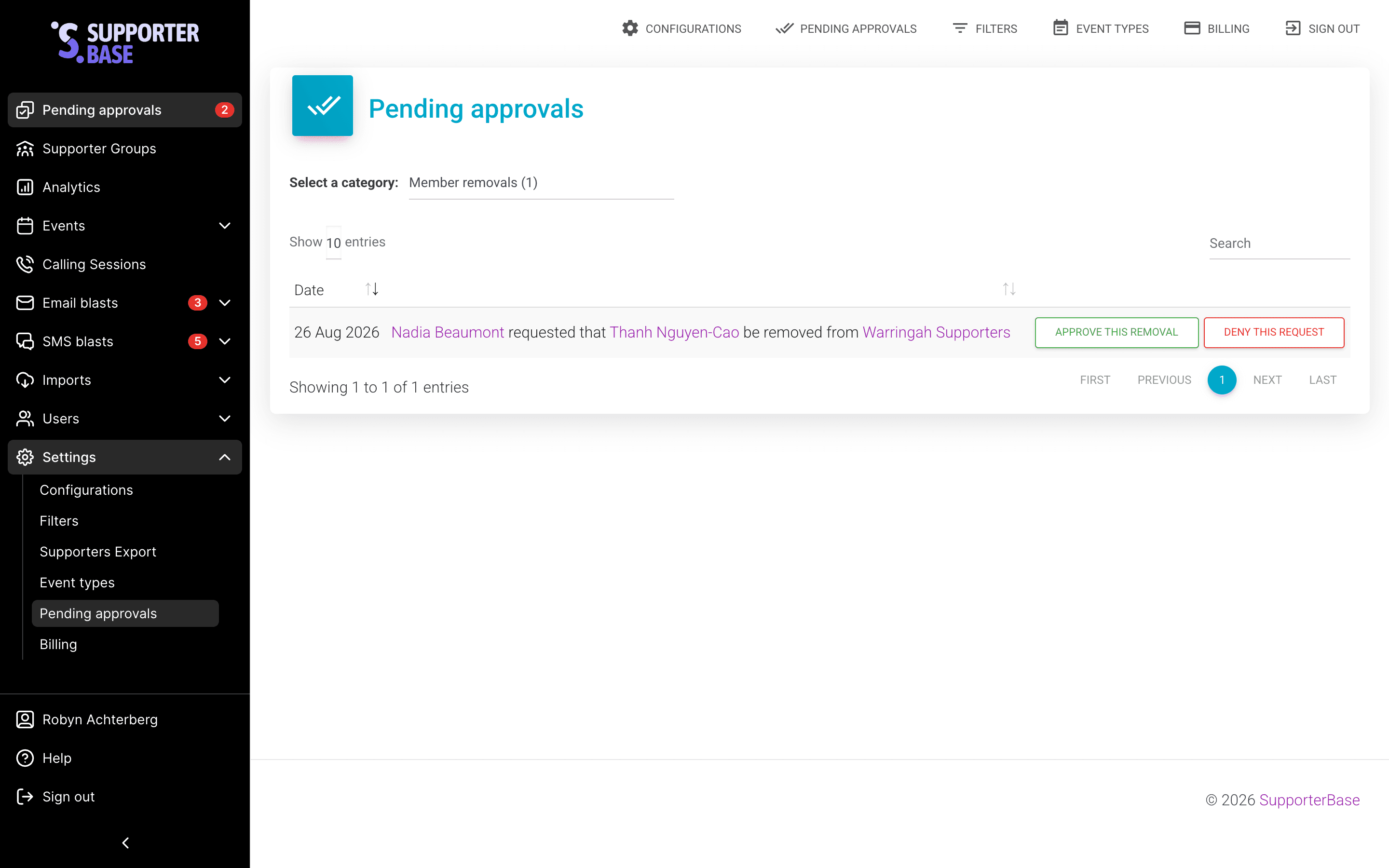 Pending approvals page listing items awaiting a decision, grouped by category