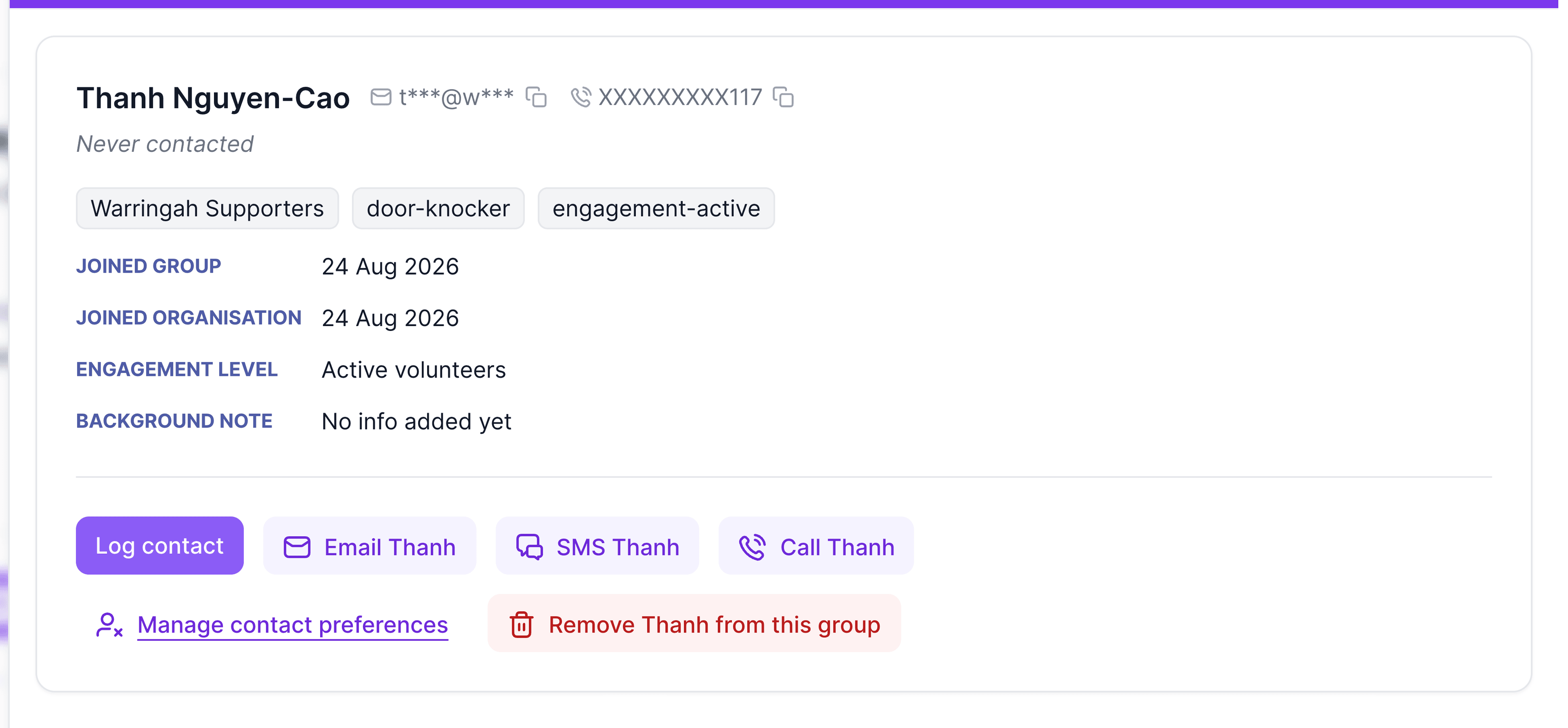 Supporter profile action row with the Manage contact preferences link