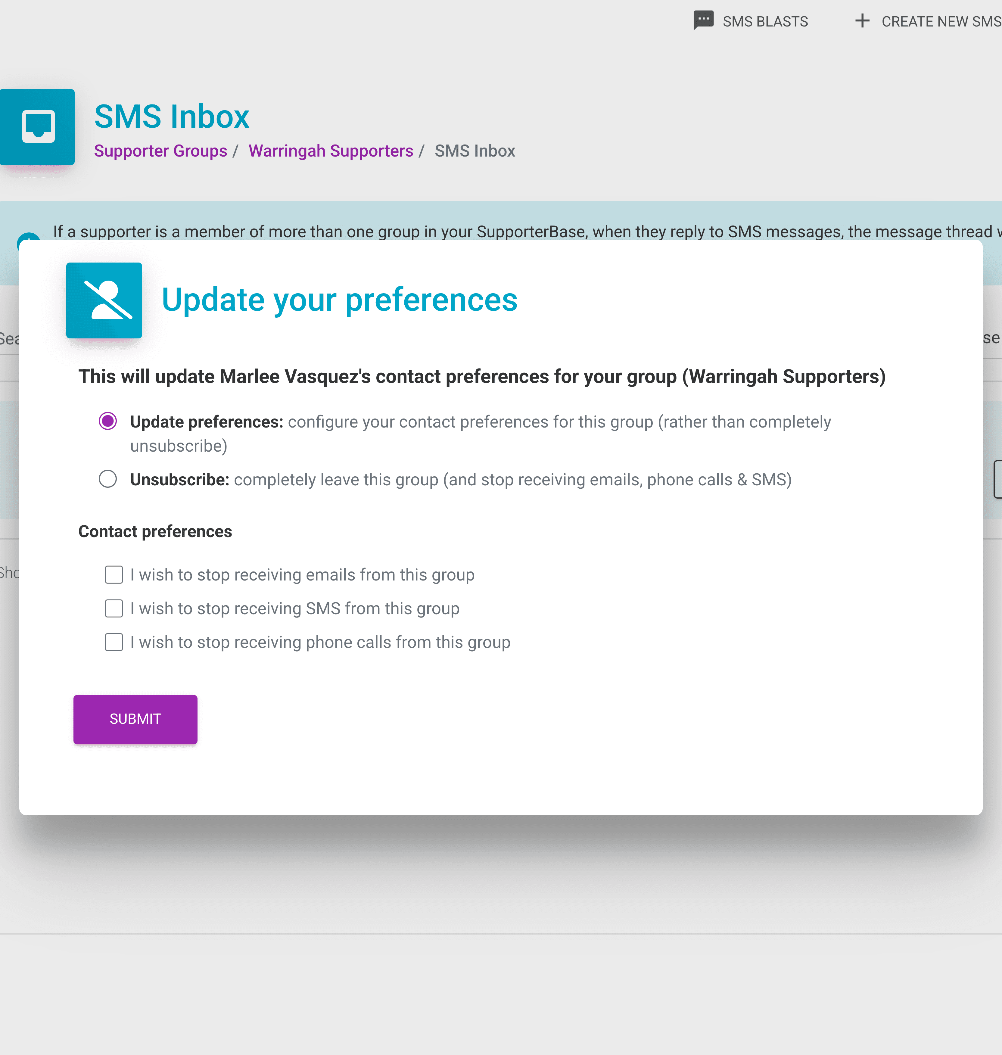Update your preferences dialog, with checkboxes to stop emails, SMS or phone calls