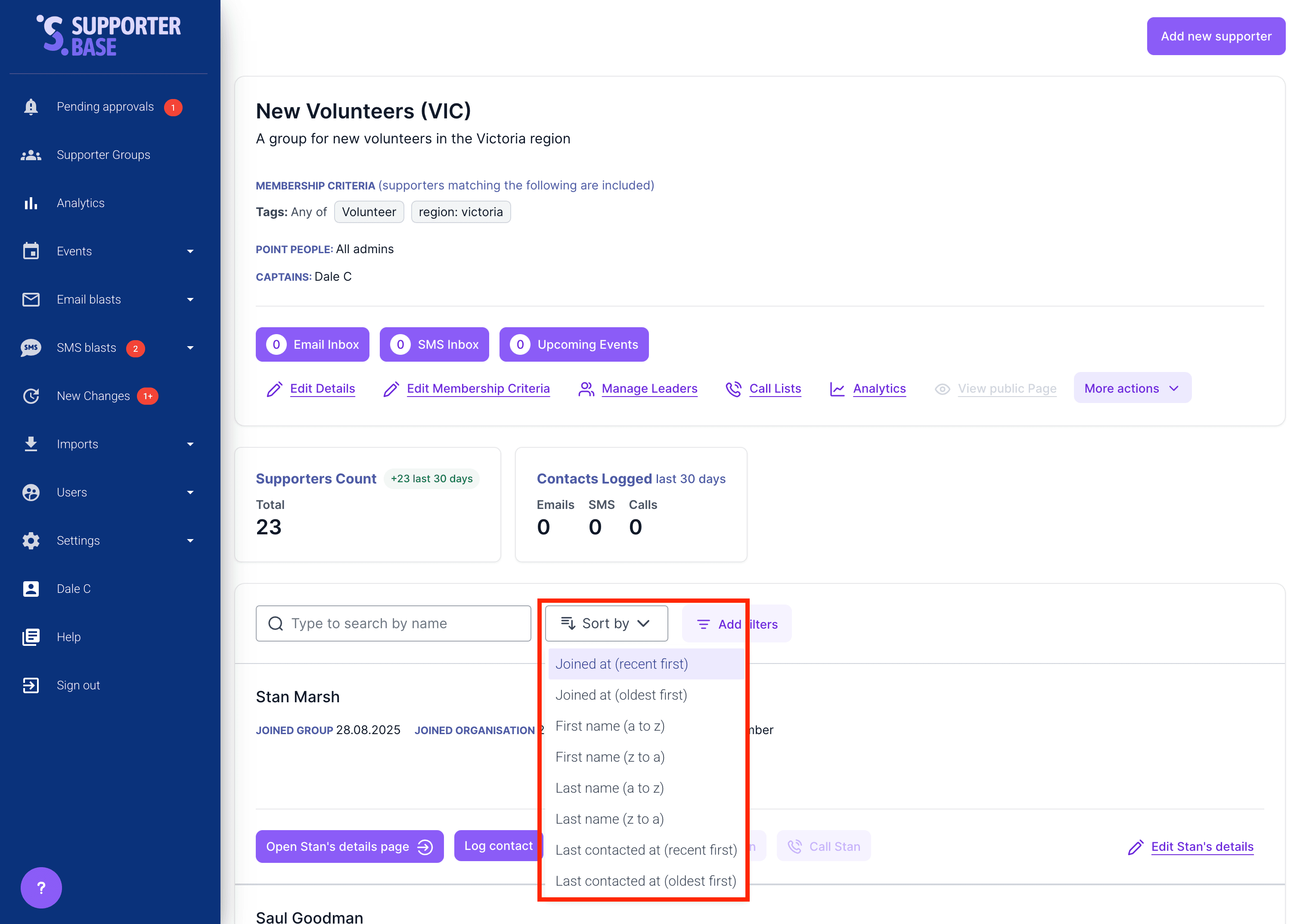 Supporter profile tabs