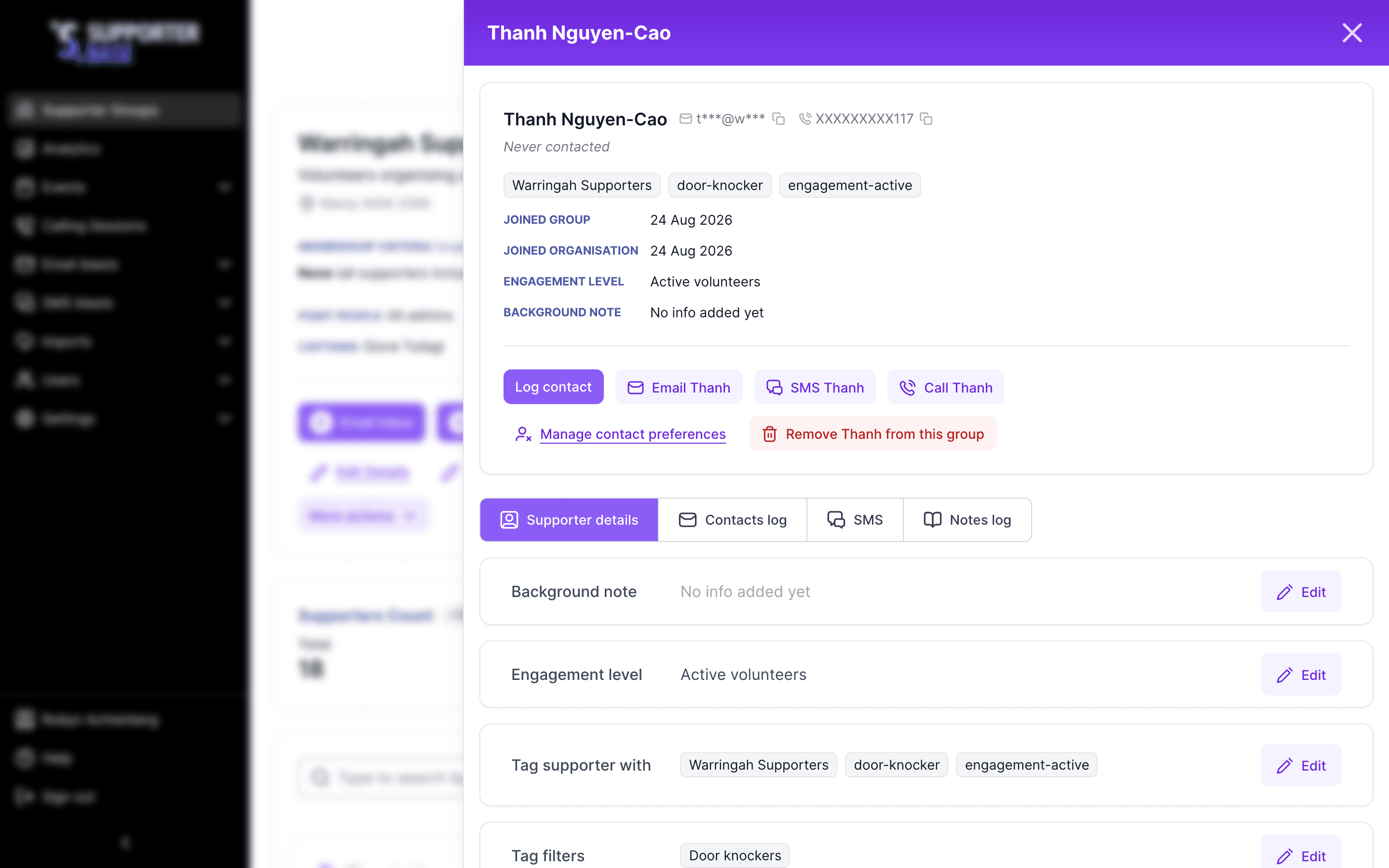 Supporter profile panel showing masked contact details, tags, engagement level and the action row