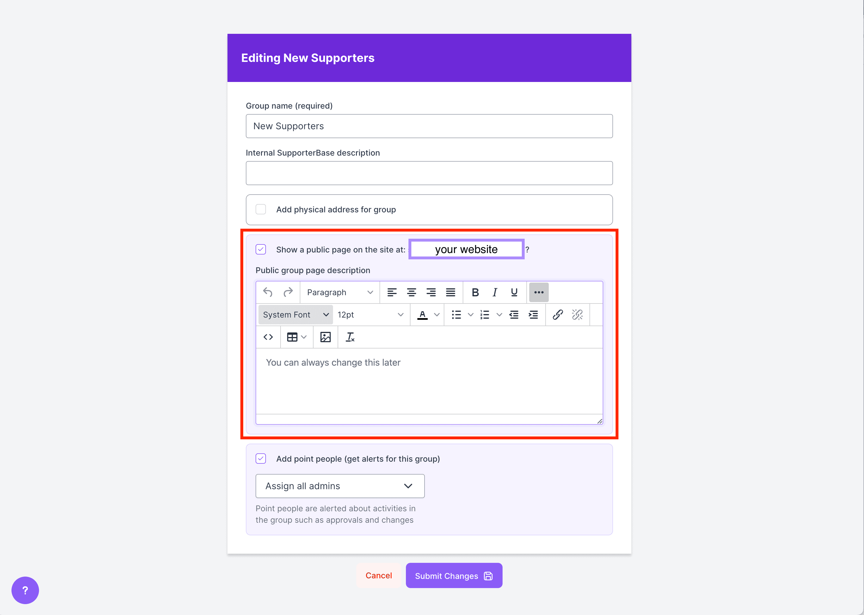 Editing group modal with the public page URL field and description editor highlighted
