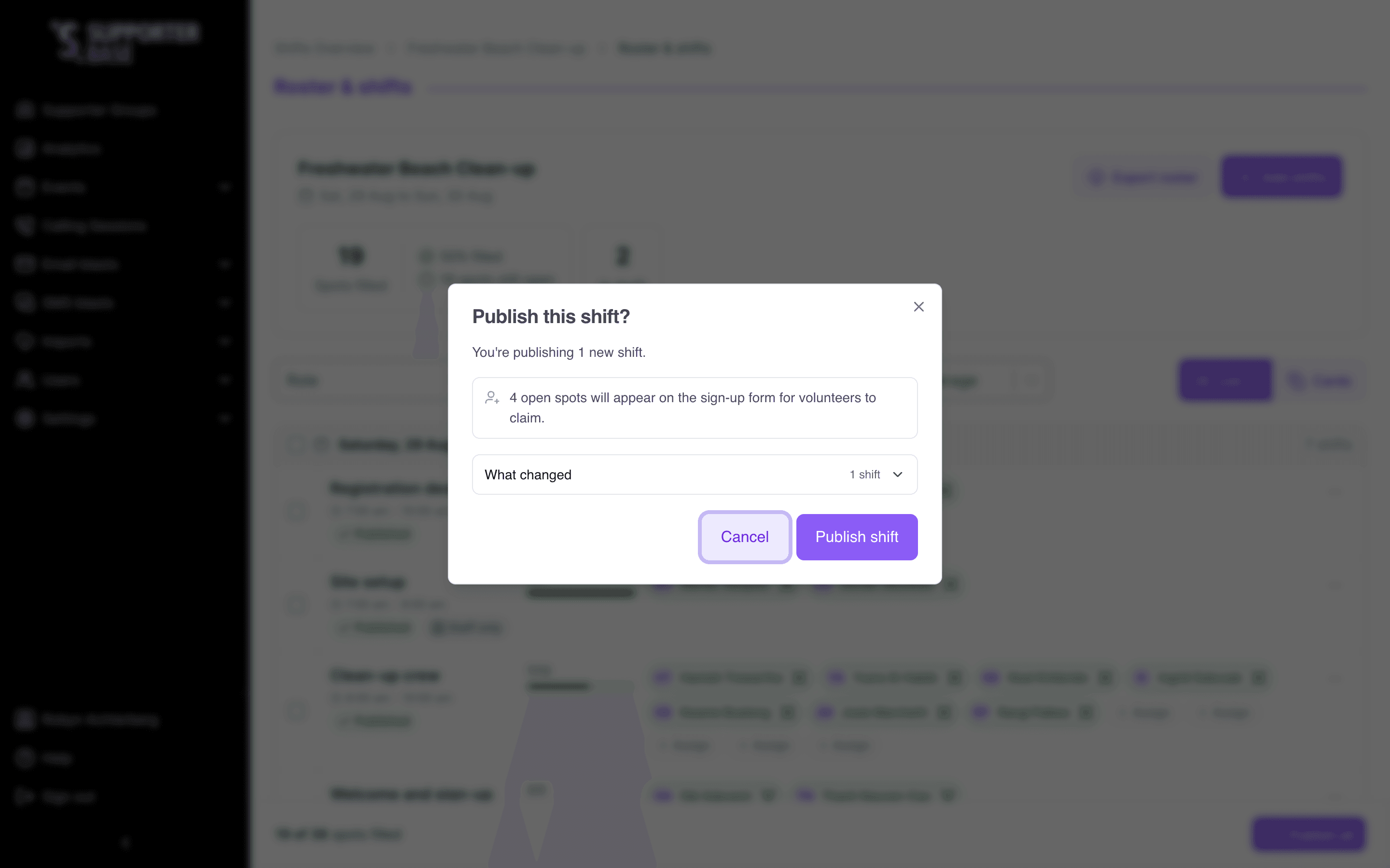 Publish dialog showing what is being published and how many open spots will appear on the sign-up form