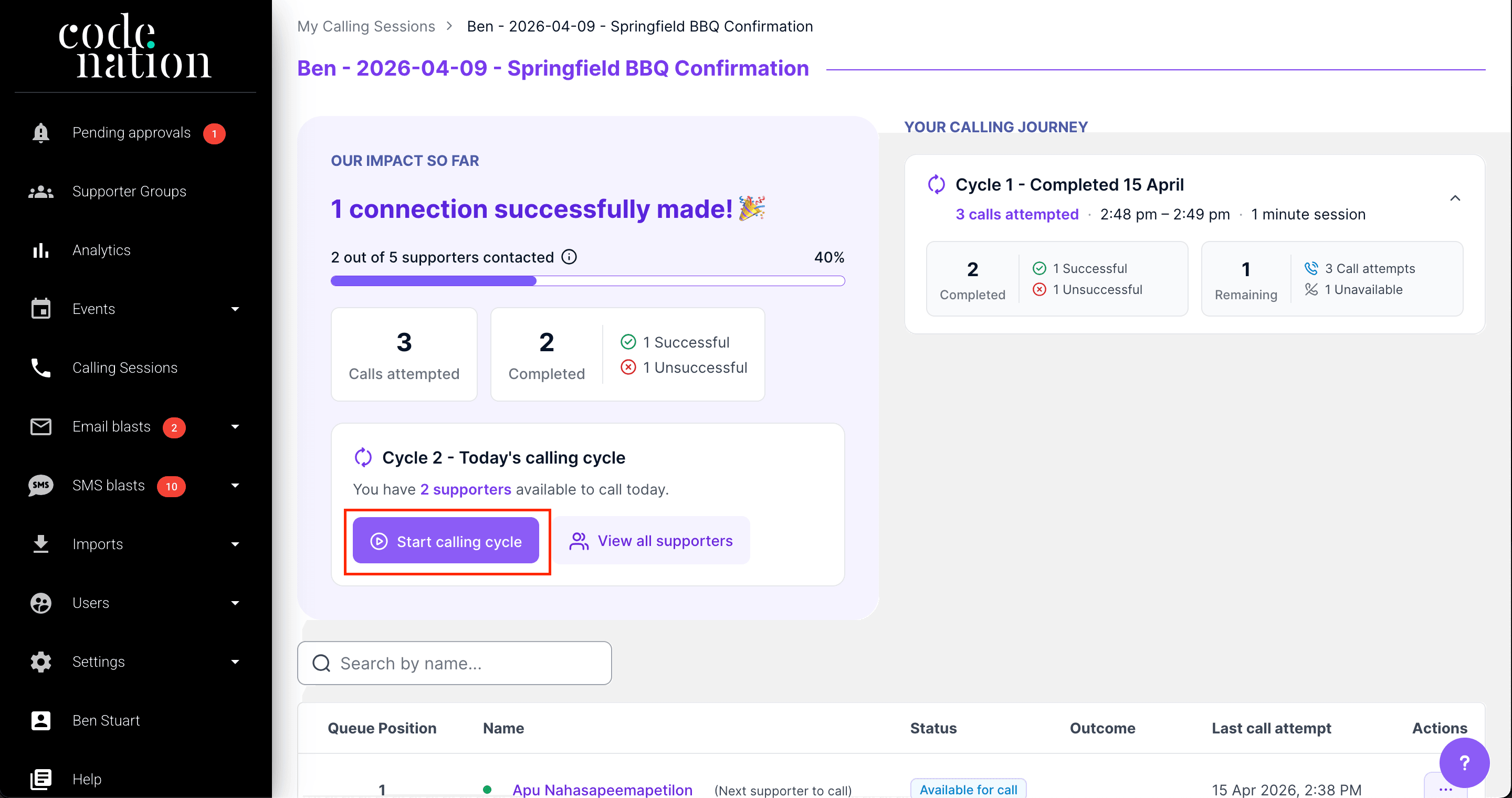 Completed cycle card with Start calling cycle button