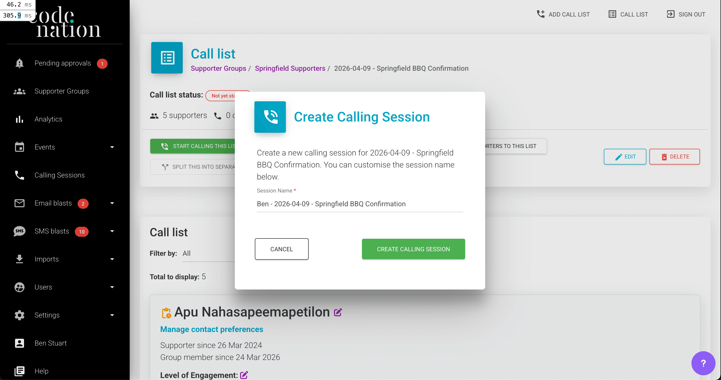 Create calling session dialog with pre-filled name field
