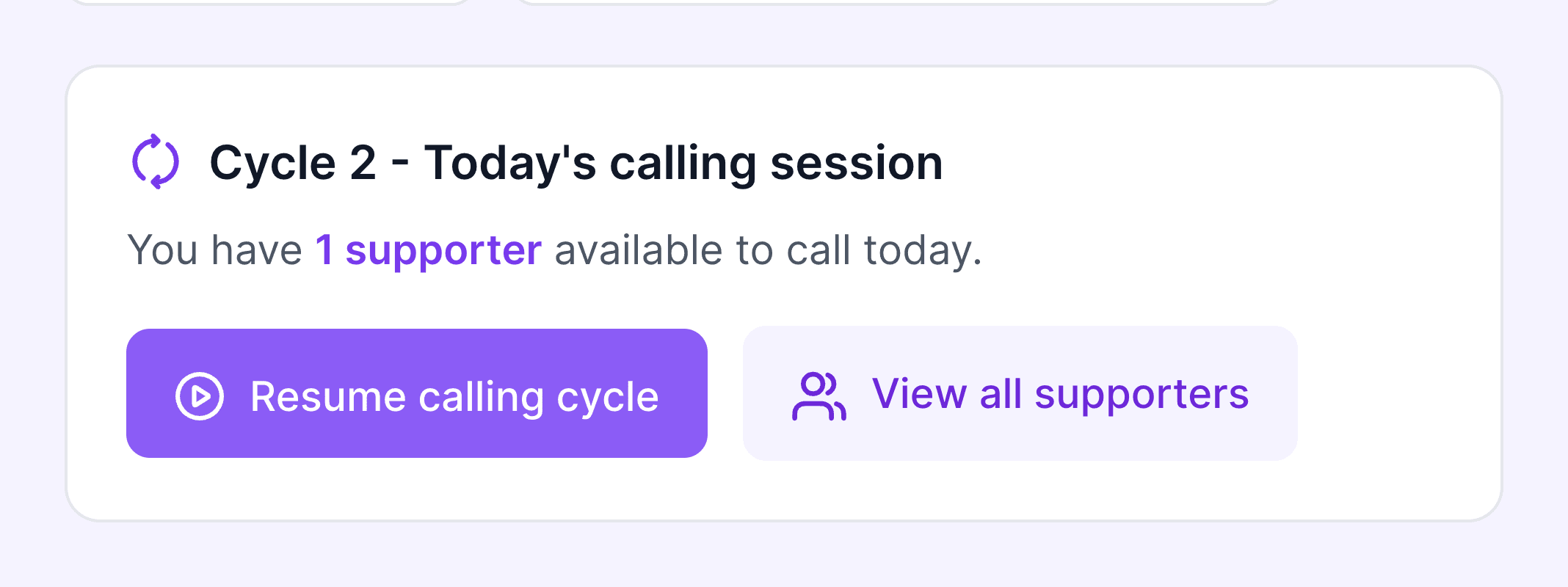 Current cycle card showing supporters available to call, with Resume calling cycle and View all supporters