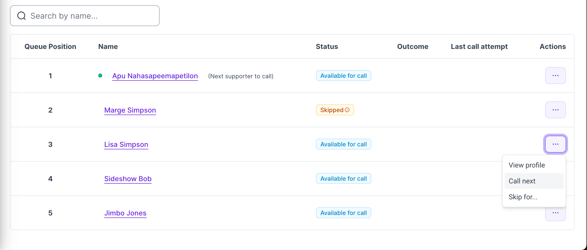 Supporter three-dot menu showing the Call next option