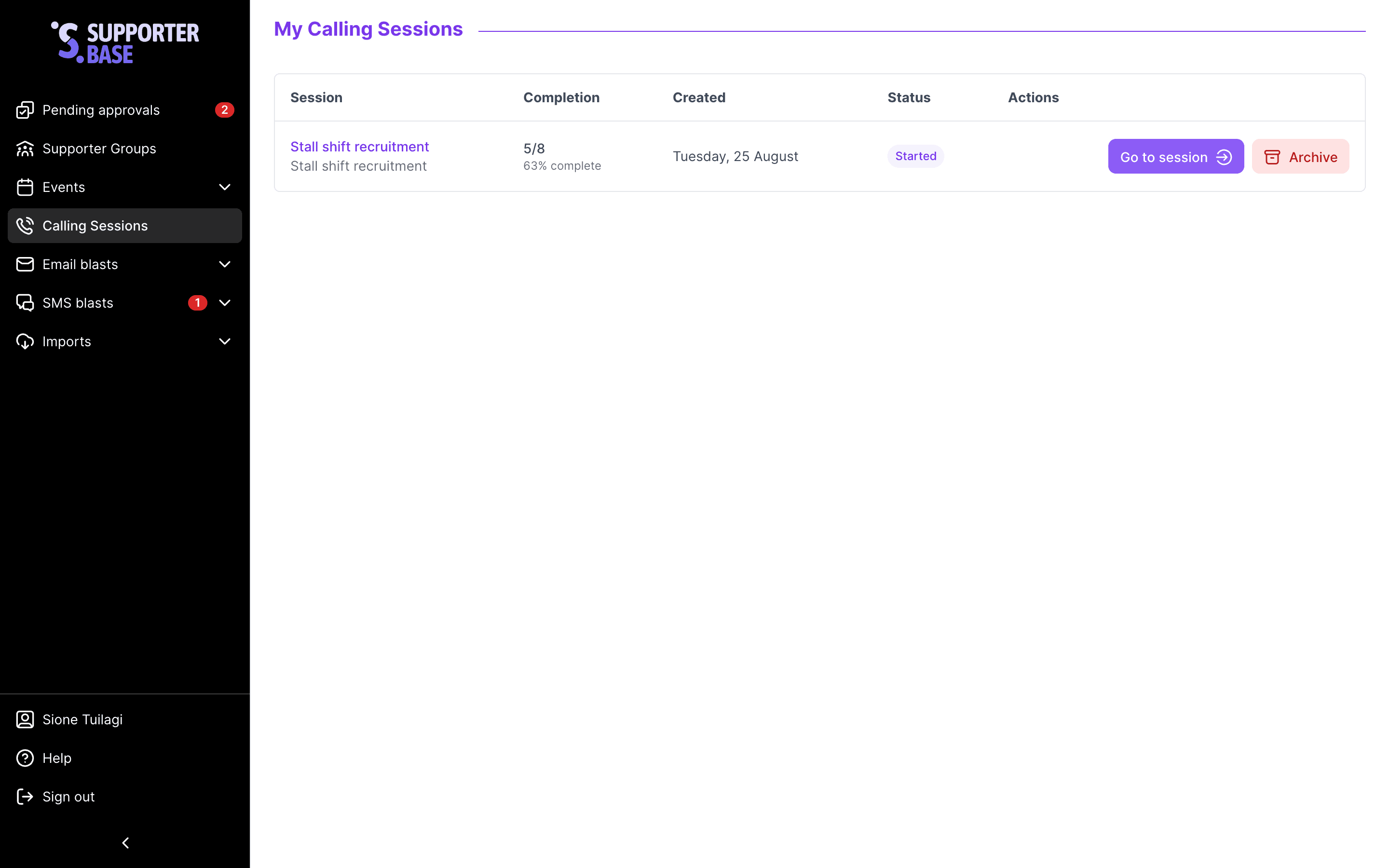 My Calling Sessions index listing sessions with their completion and status