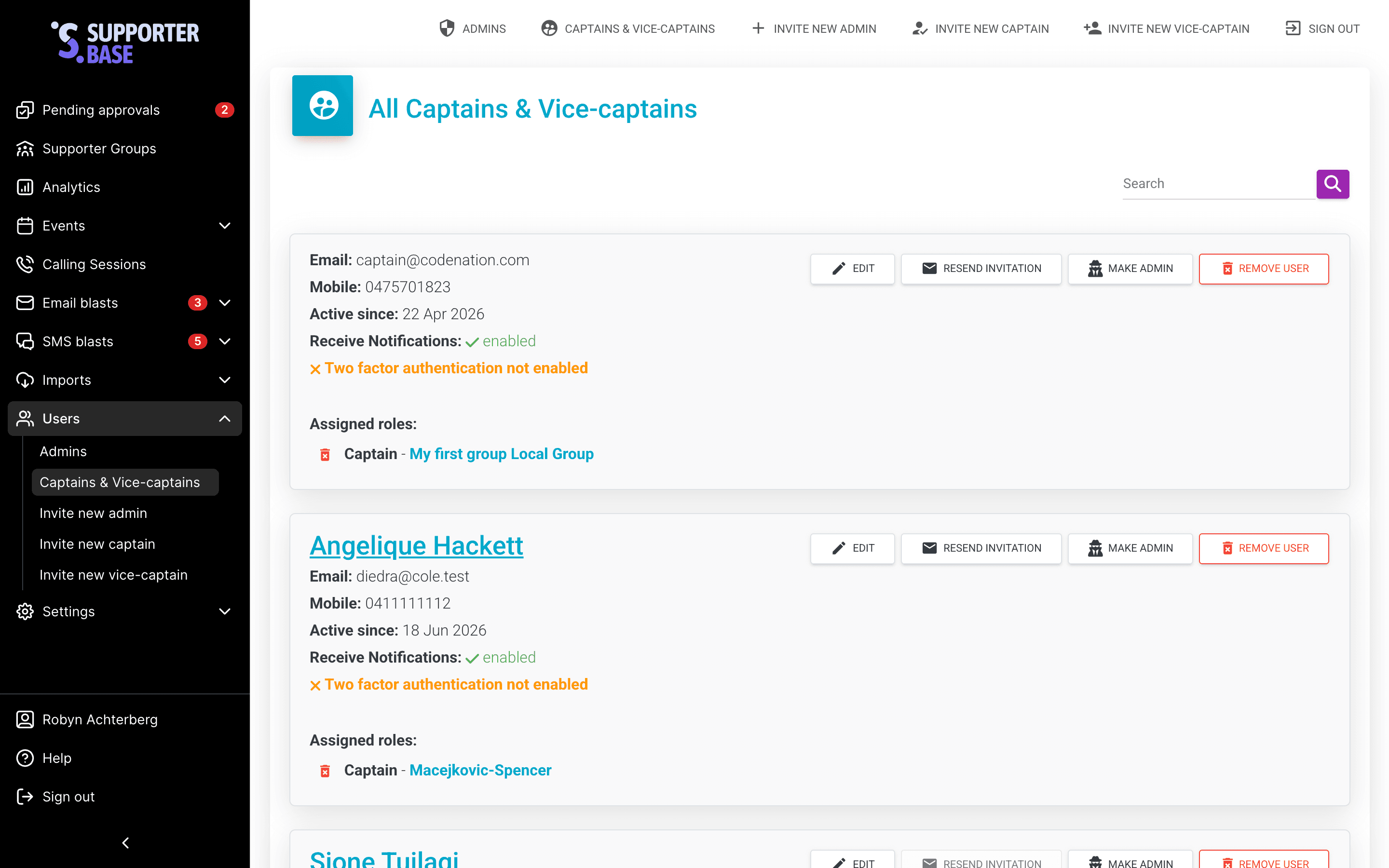 All Captains & Vice-captains list with the Resend Invitation button highlighted for one entry
