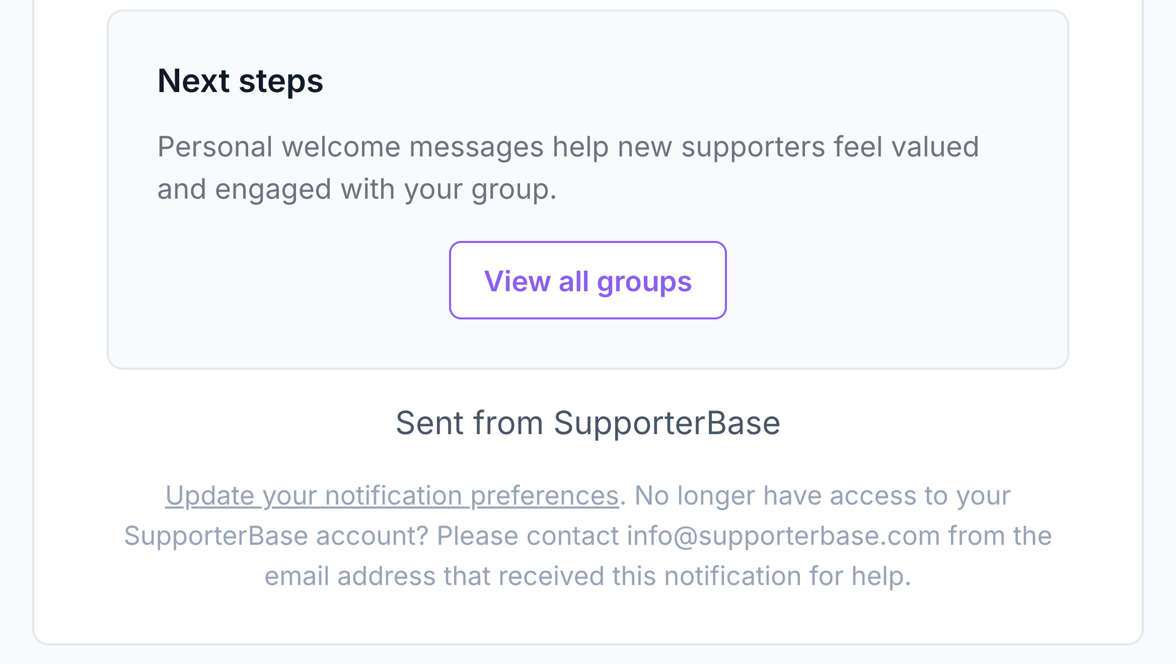 Next steps panel with a View all groups button, above the footer and notification preferences link